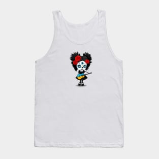 Sugar Skull Girl Playing Ukrainian Flag Guitar Tank Top